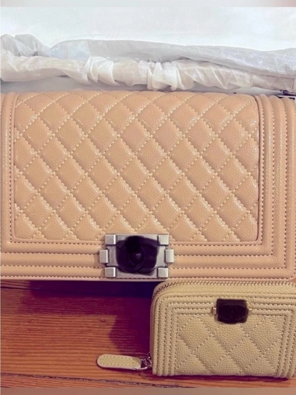 Quilted Beige Leather Shoulder Bag with Matching Wallet